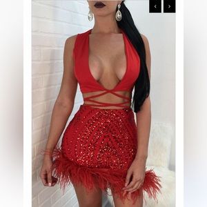 Red Sequin Fur Skirt 2 Piece Set Wrap Shirt Top Small